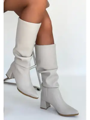 Bej Cilt Topuklu Çizme Kadın Giyim