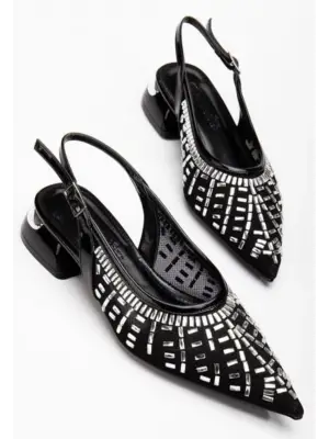 Piyar Siyah Taşlı Topuklu Ayakkabı