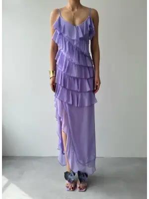 Omarı Şık Yırtmaç Detaylı Siyah Elbise