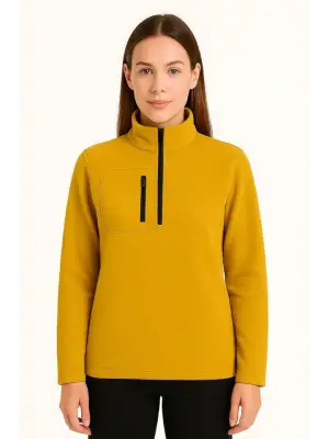 Polar Kazak – Dik Yaka, Yarım Fermuarlı, Fermuarlı Göğüs Cepli, Siyah Biyeli, Kışlık Rahat Regular Fit Günlük Model - Sarı