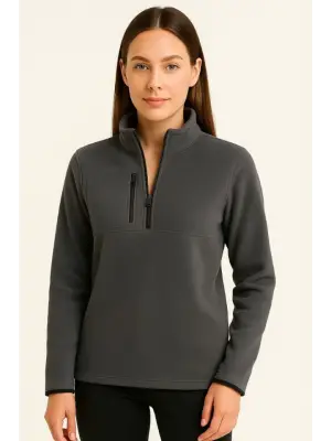 Polar Kazak – Dik Yaka, Yarım Fermuarlı, Fermuarlı Göğüs Cepli, Siyah Biyeli, Kışlık Rahat Regular Fit Günlük Model - Füme