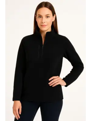 Polar Kazak – Dik Yaka, Yarım Fermuarlı, Fermuarlı Göğüs Cepli, Siyah Biyeli, Kışlık Rahat Regular Fit Günlük Model - Siyah