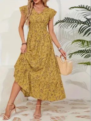 Omarı Çiçek Desenli Kısa Kollu Elbise