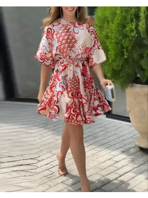 Omarı Desenli Mini Elbise