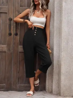 Omarı Yüksek Bel Düğmeli Keten Pantolon - Şık ve Rahat Stil!