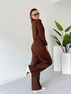 Polo yaka alt üst kollu modal takım kahve pt