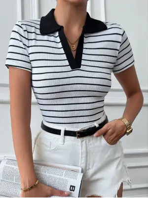 Polo yaka garnili bluz Beyazsiyah