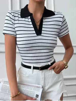 Polo yaka garnili bluz Beyazsiyah