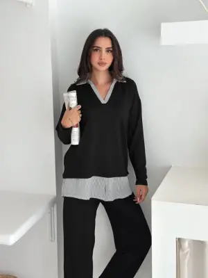 Polo Yaka Gömlek Detay Salaş Balon Pantolunlu ıkılı Takım