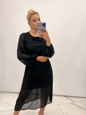 Omarı Şifon Elbise - Uzun Kollu Astar Detayıyla Şık ve Rahat