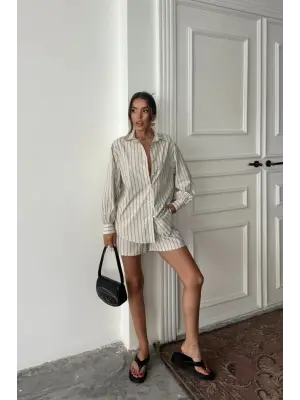 POPLİN ÇİZGİLİ GÖMLEK - ŞORT TAKIM - Bej