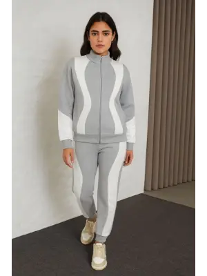 Premium Parçalı Eşofman Takım - Dik Yaka Fermuarlı Sweatshirt - Gri
