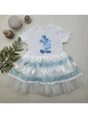 Premium Payetli Mickey Baskılı Kız Bebek Elbisesi