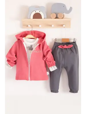 Prences Nakışlı Kapişonlu 3lü % 100 Pamuk Kız Bebek Takımı