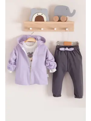 Prences Nakışlı Kapişonlu 3lü % 100 Pamuk Kız Bebek Takımı