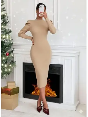 Prenses kol kaşkorse elbise bej a3691