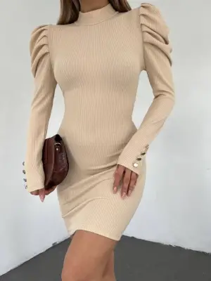 Omarı Zarif Prenses Omuz Detaylı Elbise - Bej