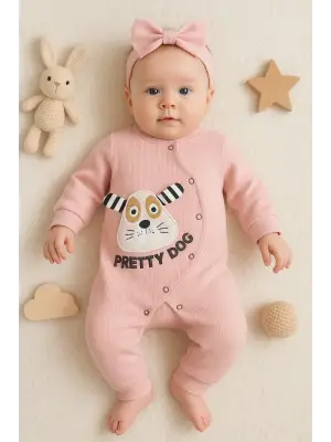Pretty Dog Nakışlı Bandanalı % 100 Pamuk Kız Bebek Tulumu