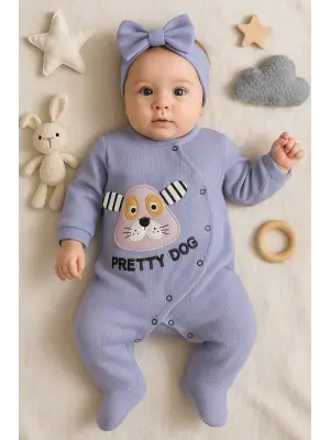 Pretty Dog Nakışlı Bandanalı % 100 Pamuk Kız Bebek Tulumu