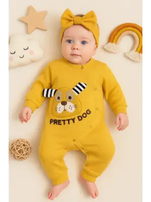 Pretty Dog Nakışlı Bandanalı % 100 Pamuk Kız Bebek Tulumu