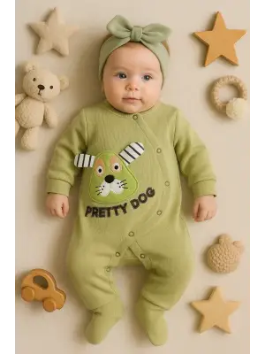 Pretty Dog Nakışlı Bandanalı % 100 Pamuk Kız Bebek Tulumu