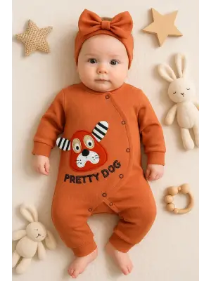 Pretty Dog Nakışlı Bandanalı % 100 Pamuk Kız Bebek Tulumu