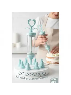 Profesyonel 8li Başlıklı Pasta Krema Süsleme Pompası Seti Enjektör Uçlu