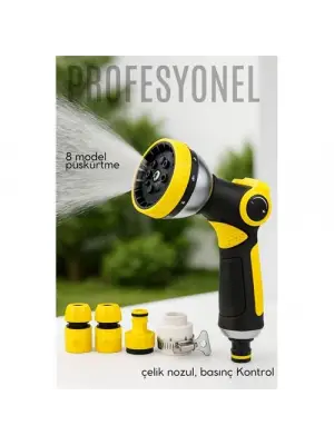 Profesyonel 8 Modelli Metal Basınçlı Sulama Tabancası Seti | Ayarlanabilir Jet | Hortum Konnektörlü