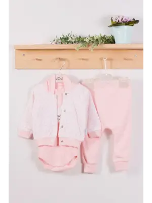 Puan Desenli Kapişonlu % 100 Pamuk 3lü Kız Bebek Takım