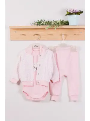 Puan Desenli Kapişonlu % 100 Pamuk 3lü Kız Bebek Takım