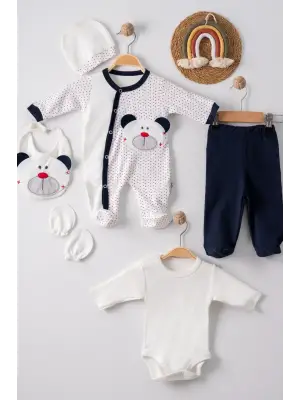 Puanlı Ayıcık Nakışlı Tulumlu % 100 Pamuk Erkek Bebek 5li Set