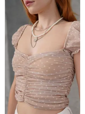 Puantiyeli Belden Oturtmalı Tül Krem Bluz