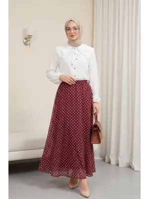 Puantiyeli Beli Lastikli Astarlı Şifon Etek -Bordo