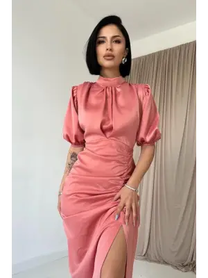 Pudra Büzgülü Saten Elbise