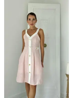 Pudra Ekru Süs Cepli Askılı Elbise