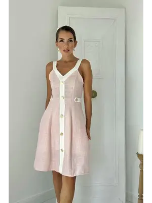 Omarı Zarif Pudra Ekru Elbise