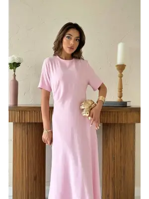 Pudra Pileli Bisiklet Yaka Elbise