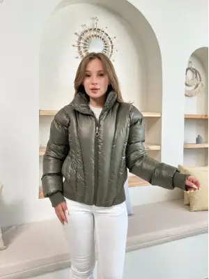 Haki Puffer Kısa Mont Kadın Giyim