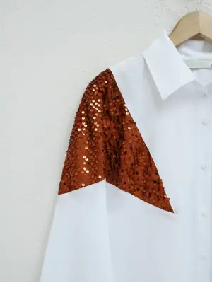 Omarı Parlak Pul Payetli Salaş Kiremit Gömlek