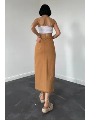 Omarı Boyalı Püsküllü Camel Gabardin Etek