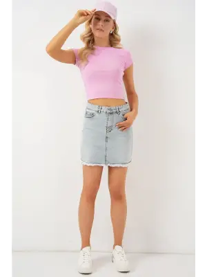 Püsküllü Mini Kot Etek 8051 - Mavi