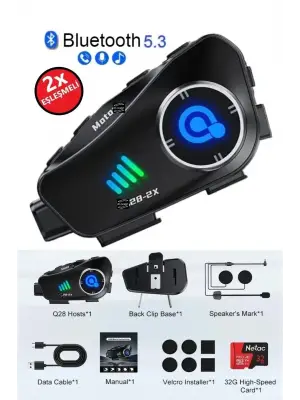 Q28 2x 2 Eşleşmeli Motosiklet Kask Bluetooth Kulaklık 1080p Kamera Su Geçirmez Intercom