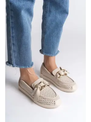 Omarı Kalp Desenli Bağcıksız Rahat Babet Ayakkabı - Krem