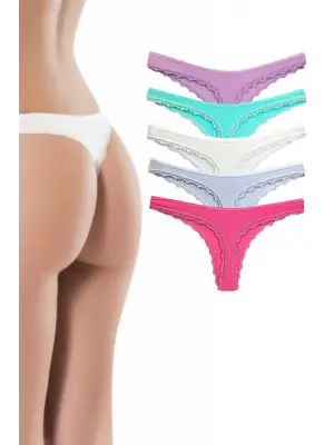 Omarı Pamuklu Kadın Dantelli String Tanga - 5 Adet