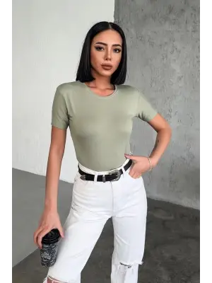 Omarı Şık ve Rahat Kısa Kollu Viskon Penye Body Haki