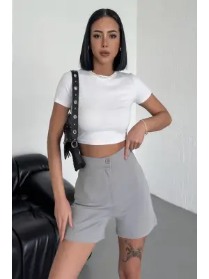 Omarı Yüksek Bel Esnek Krep Şort Gri