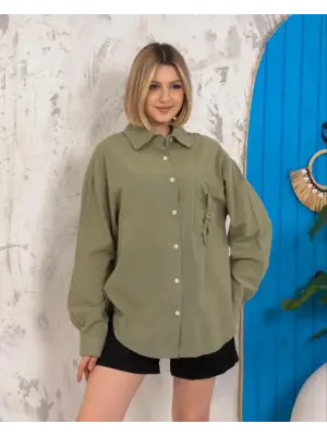 Relax fit keten gömlek haki s255349