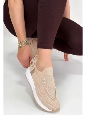 Bej Triko Bağcıklı Spor Ayakkabı Kadın Giyim