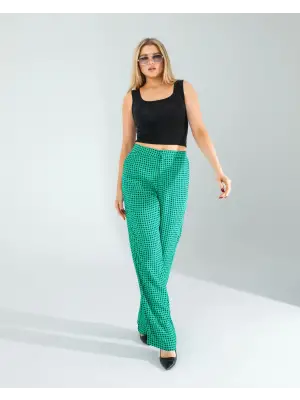 Trend Retro Desen Yeşil Pantolon