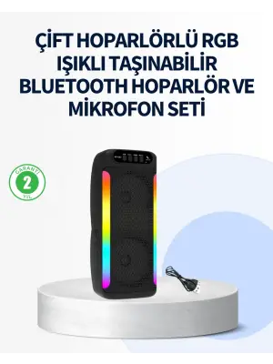 Rgb Işıklı Çift Hoparlörlü Taşınabilir Bluetooth Speaker Ve Mikrofon